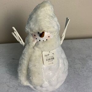 Pier 1 White Fuzzy Snowman Figurine Christmas Holiday Decor Sparkle Accents NEW